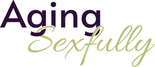 Logo with the words Aging Sexfully; Aging is in bold dark purple text, and Sexfully is in a cursive light green font.