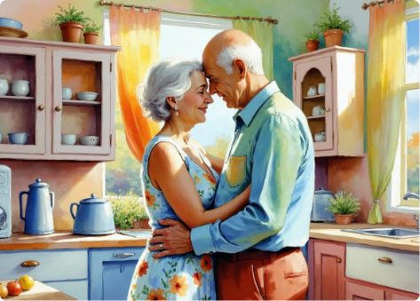 An elderly couple lovingly embrace in a sunlit kitchen, smiling with their foreheads touching. The kitchen is bright and colorful with plants, dishware, and large windows letting in natural light.