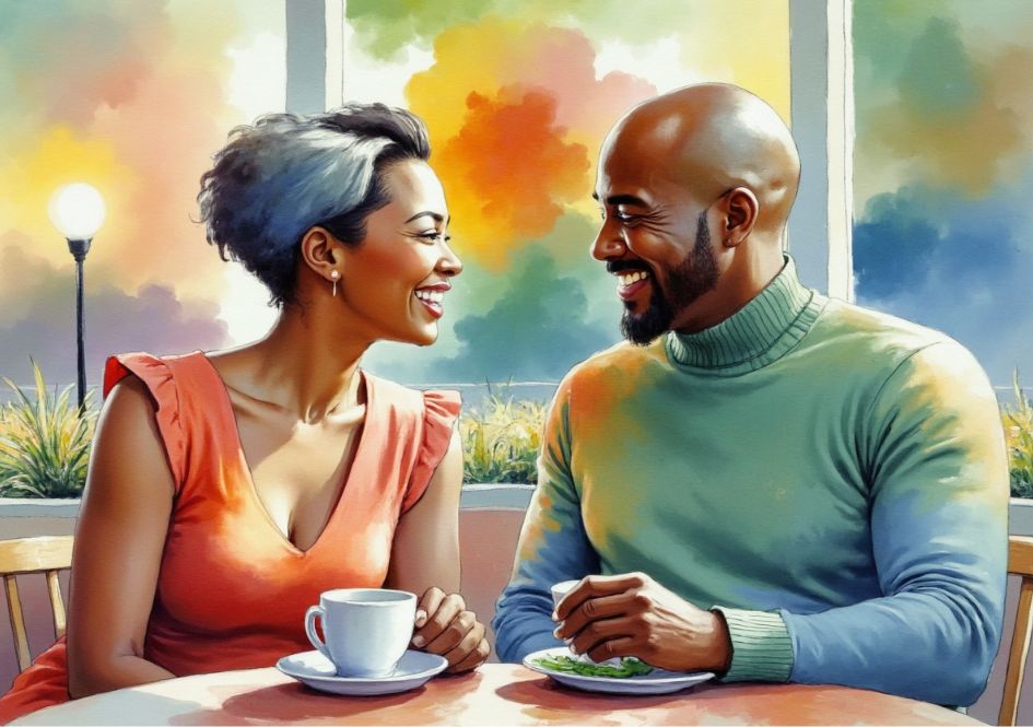 A smiling couple sits at a table in a bright café, enjoying each others company. The woman holds a coffee cup, while the man faces her, both with happy expressions. Colorful light streams in through large windows behind them.