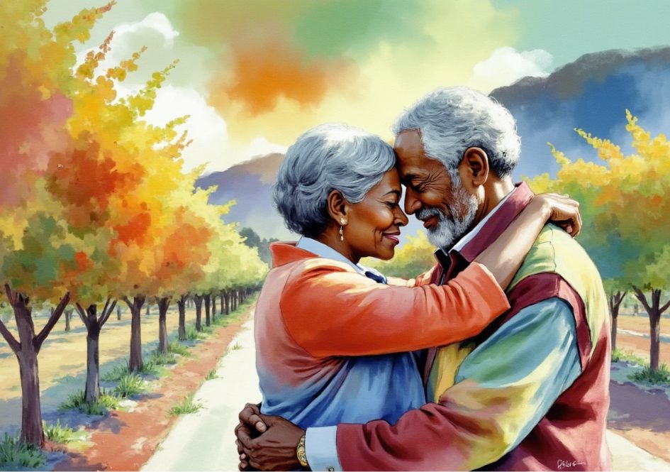 An elderly couple embraces lovingly on a tree-lined path, smiling with foreheads touching. Autumn leaves and colorful hues fill the background, creating a warm, joyful atmosphere.