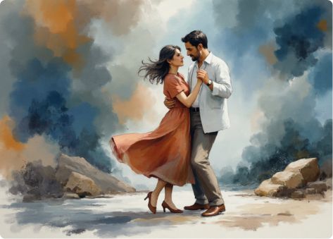 A man and woman dance together outdoors, surrounded by swirling clouds of blue, orange, and gray, with rocks on the ground. The woman wears a flowing red dress; the man wears a white jacket and brown pants.