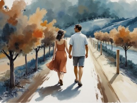 A couple walks hand in hand down a tree-lined path on a sunny day, surrounded by trees with orange and green foliage, with rolling hills visible in the background.