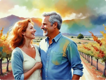 A smiling couple stands together on a vineyard path at sunset, surrounded by colorful grapevines and distant mountains under a vibrant, dramatic sky.