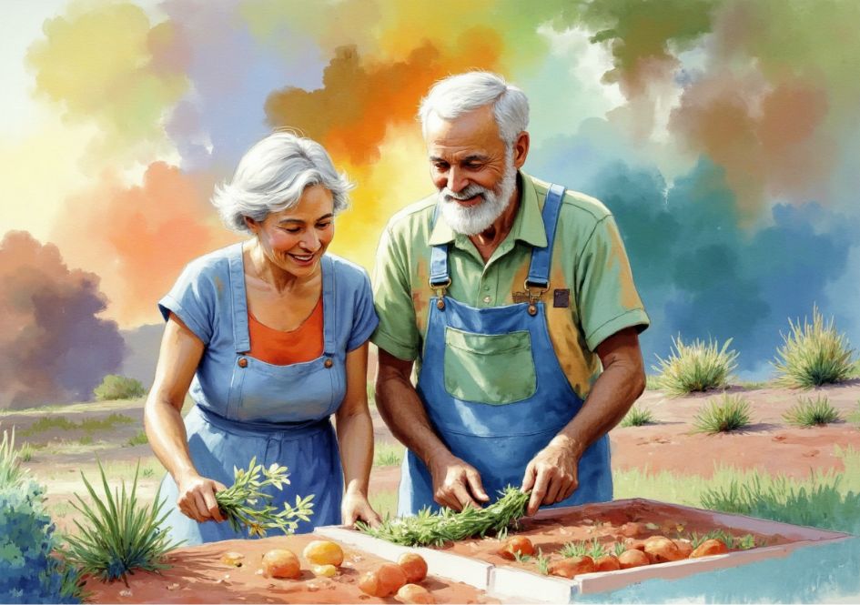 An older man and woman wearing blue overalls happily harvest vegetables from a garden bed outdoors, with colorful, blurred trees and sky in the background.
